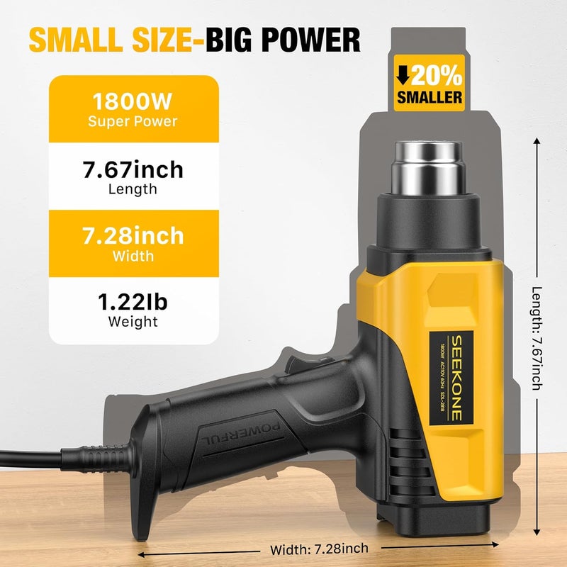 SEEKONE 1800W Heat Gun with LCD Digital Display Compact Design Hot Air Gun Variable Temperature Control 122℉-1202℉（50℃- 650℃）with Memory Function and 4 Nozzles for Crafts, Vinyl Wrap, Shrink Tubing - Image 5